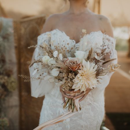 Boho bridal bouquet style with fresh Dahlias, Roses and dried flowers
