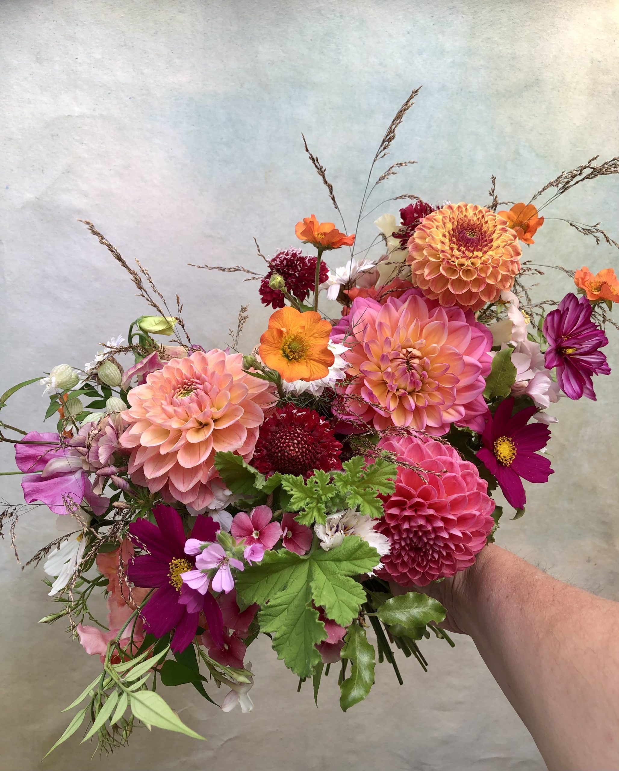 Pink and orange dahlia bridal bouquet